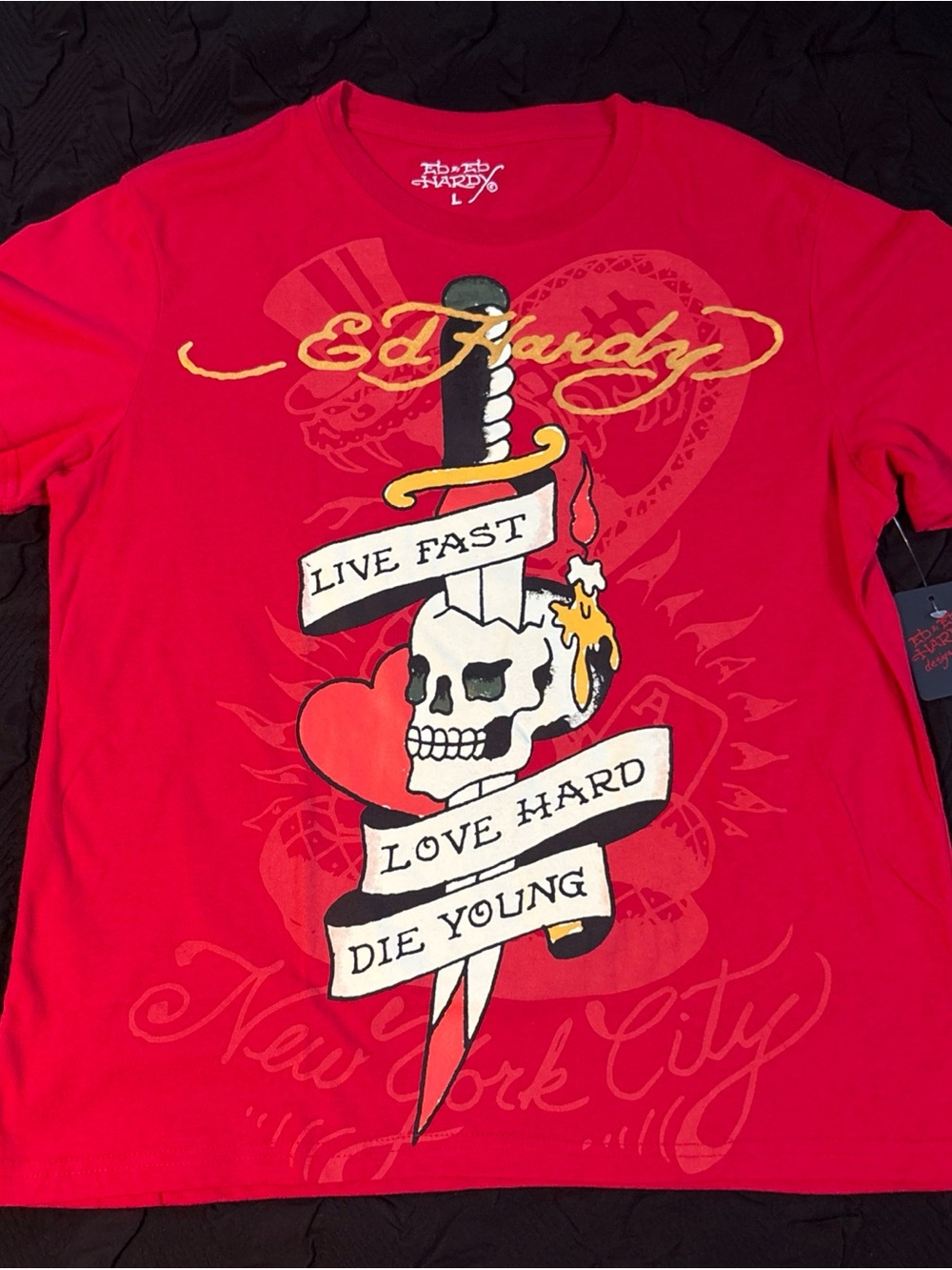 Ed Hardy Red Long Sleeve Graphic Shirt with Skull and Dagger Art Mens Large NWT